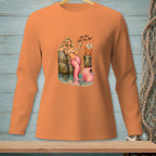 Orange long-sleeve shirt with mermaid, crab, and text "AND YET, HERE YOU ARE: TOO MUCH ATTITUDE".