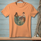 T-shirt with three mermaids in a circular underwater scene.