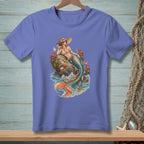 Mermaid with hat sitting on rock surrounded by crabs and waves.