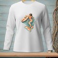 Long sleeve shirt with a graphic of a mermaid and paddleboard in the water.