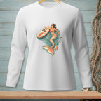 Long sleeve shirt with a graphic of a mermaid and paddleboard in the water.