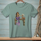 Mermaid with purple tail and crab holding a fan on a wooden dock.