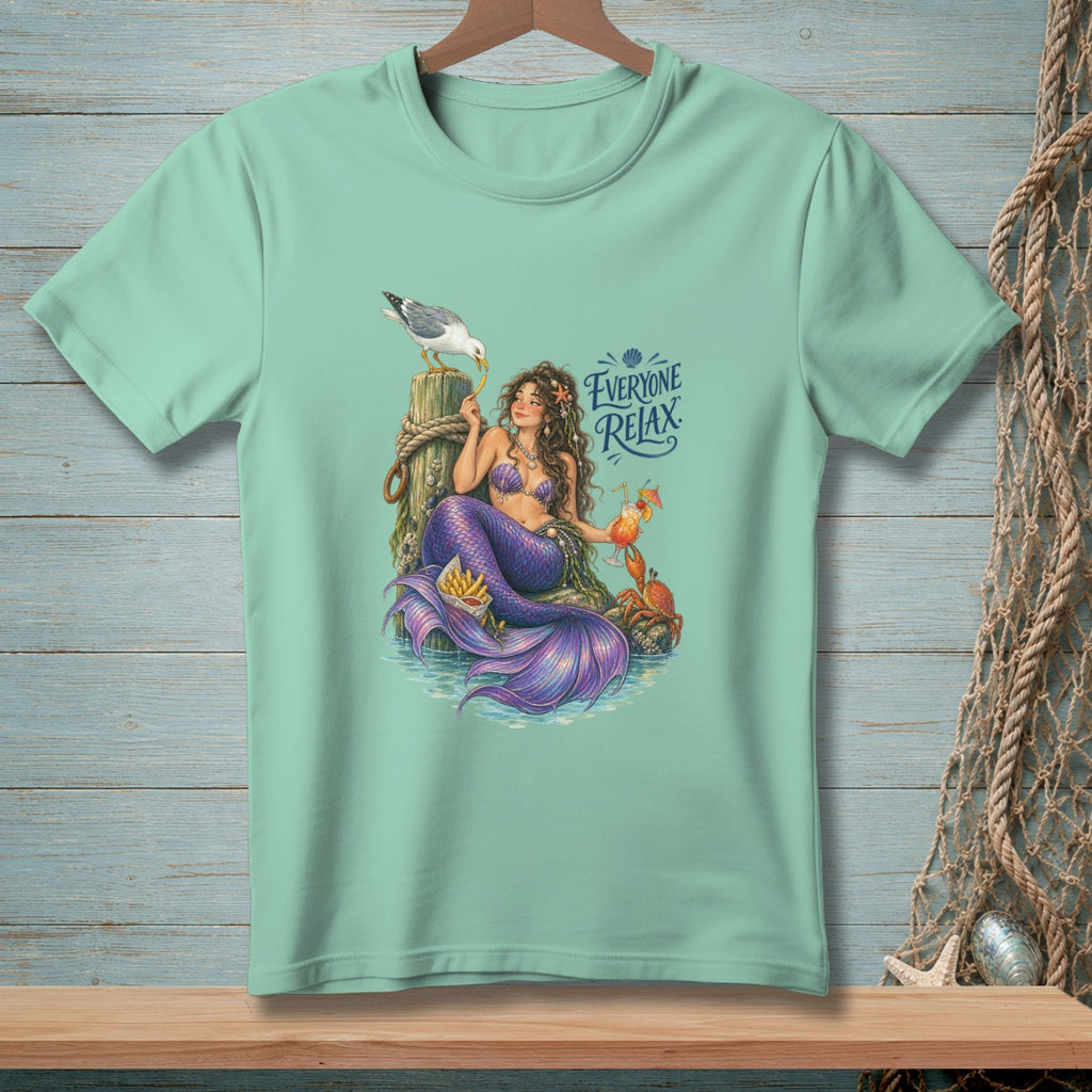 Mermaid with purple tail, crab, and seagull on pier, text "EVERYONE RELAX."