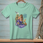 Mermaid with purple tail, crab, and seagull on pier, text "EVERYONE RELAX."