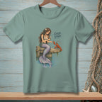 Mermaid with flower meets lobster on pier, "GOOD START." text.