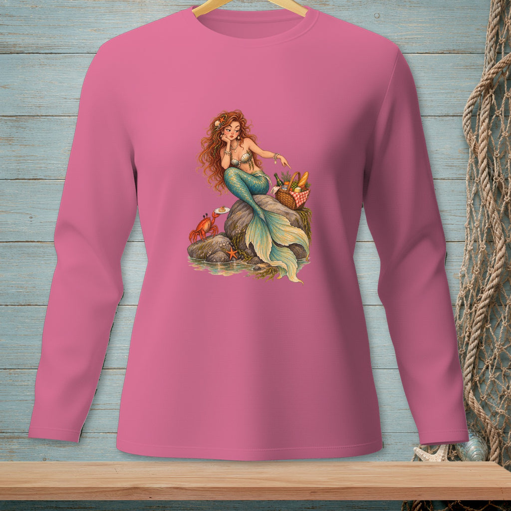 Pink long-sleeve shirt with a mermaid and crab illustration.