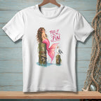 White t-shirt with illustration of a mermaid and a seagull with text "Tell it to my fin."