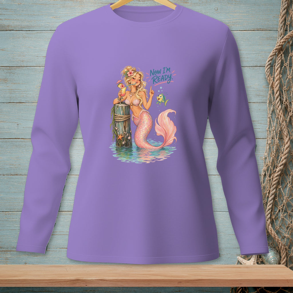 Purple long-sleeve shirt with a mermaid illustration saying "Now I'm READY."