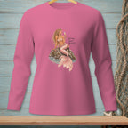 Long sleeve pink shirt with a mermaid drinking champagne and text.