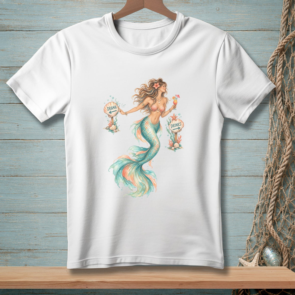 Watercolor mermaid with drinks and drama signs on a white t-shirt.