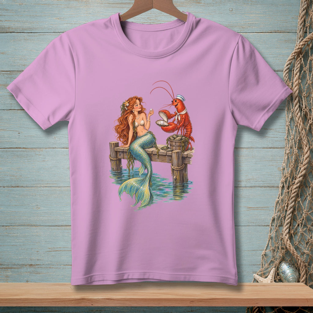 Mermaid and sailor lobster sitting on dock offering pearl from oyster.