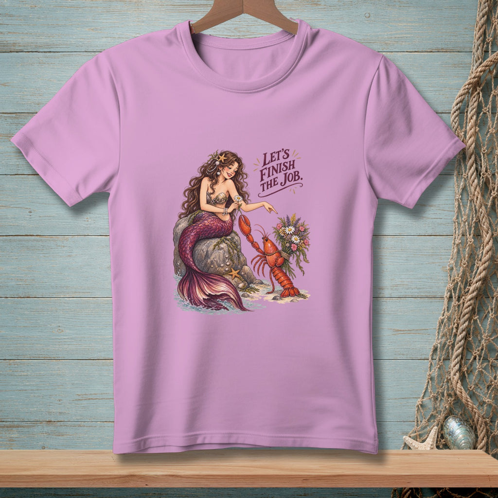 Mermaid and lobster graphic with text "Let's Finish the Job" on a pink t-shirt.