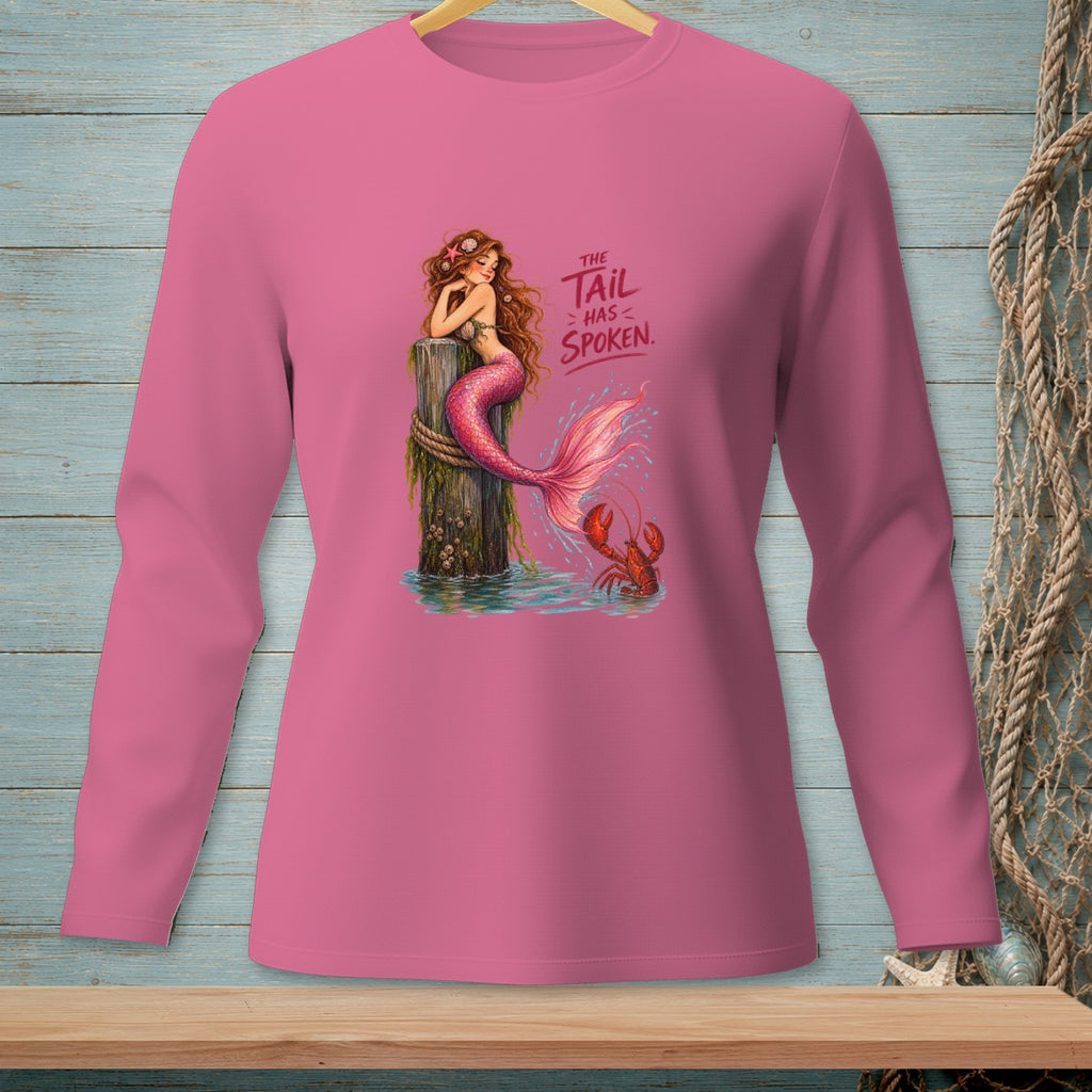 Pink long-sleeve shirt with a graphic of a mermaid and lobster.