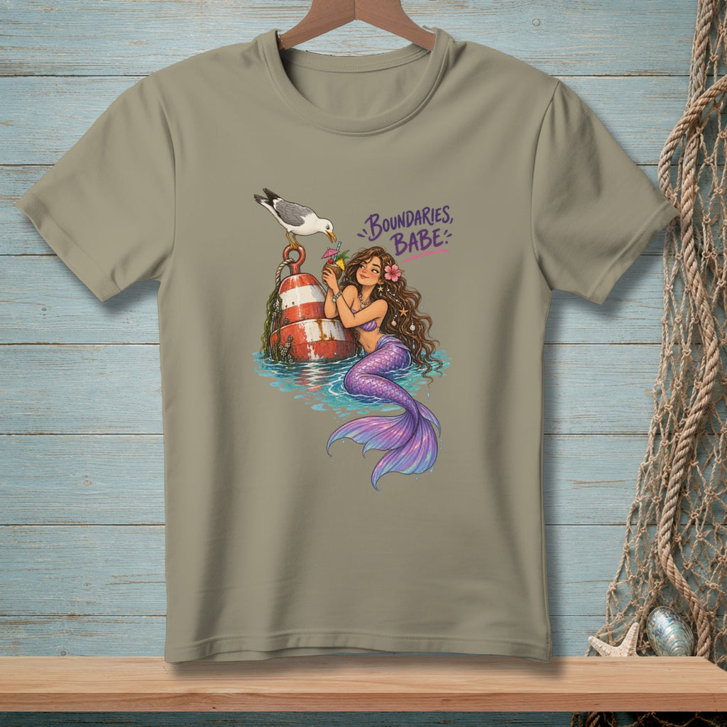 Mermaid with purple tail drinks cocktail next to buoy with seagull, text "Boundaries, Babe".