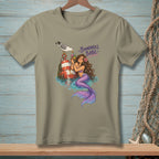 Mermaid with purple tail drinks cocktail next to buoy with seagull, text "Boundaries, Babe".