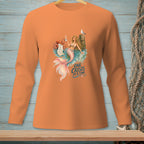 Orange long-sleeve shirt with a mermaid, octopus, and text that reads "One Crisis At A Time."