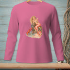 Pink long-sleeve shirt featuring a mermaid with a lobster and champagne.