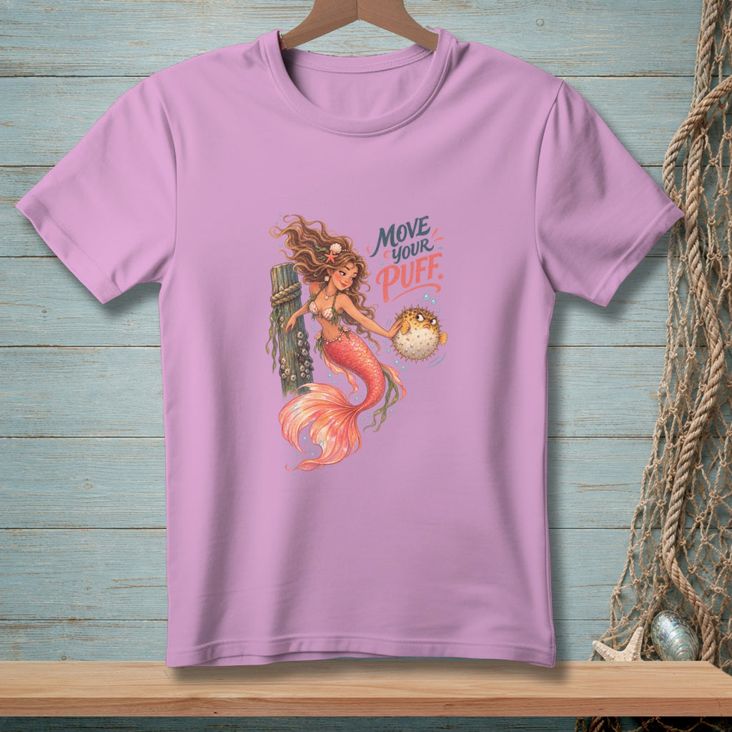 Lilac t-shirt with mermaid holding pufferfish and text "Move Your Puff."