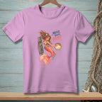 Lilac t-shirt with mermaid holding pufferfish and text "Move Your Puff."