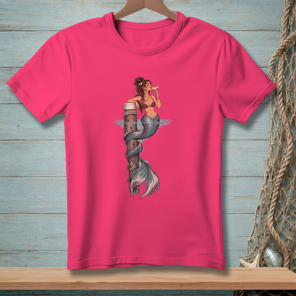 Mermaid wrapped around post drinking from a glass.