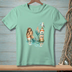 Mermaid with a seagull on a "No Wake" sign in the water.