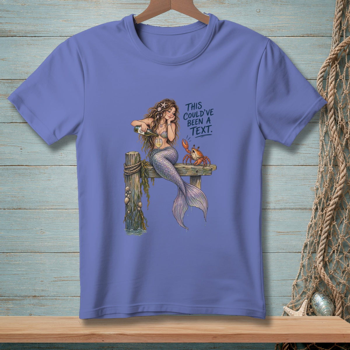 Mermaid pours wine for crab, text says "This could've been a text."
