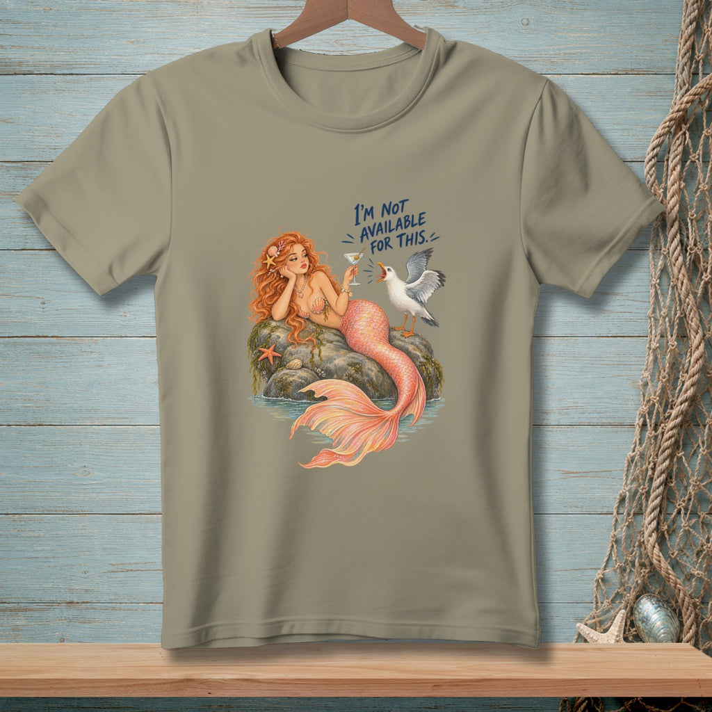 Mermaid with cocktail and seagull, text "I'm not available for this."