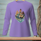 Three mermaids with tails sit on a wooden raft with wine and snacks, surrounded by water lilies.