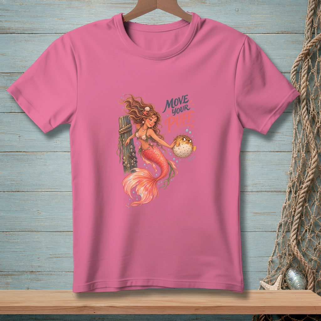 Pink t-shirt with a mermaid holding a pufferfish and the text "MOVE YOUR PUFF".