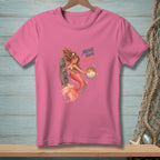 Pink t-shirt with a mermaid holding a pufferfish and the text "MOVE YOUR PUFF".