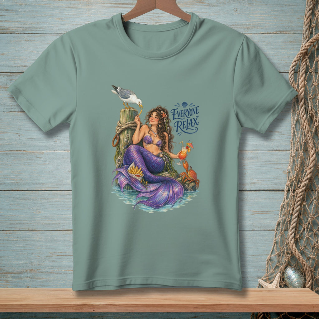 Mermaid with purple tail and drink, with text "Everyone Relax".