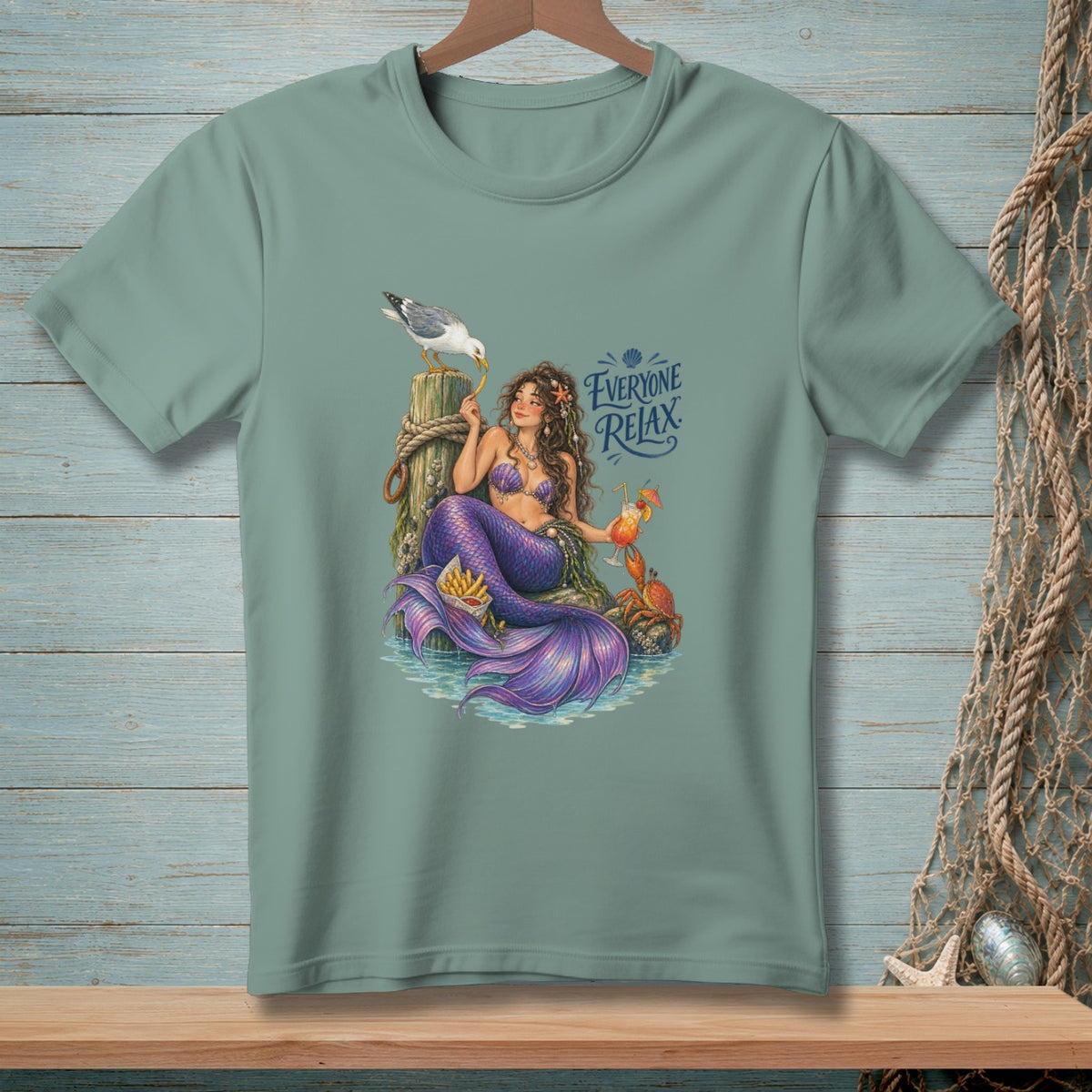 Mermaid with purple tail and drink, with text "Everyone Relax".