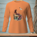 Mermaid with a drink and a seagull on a pier.