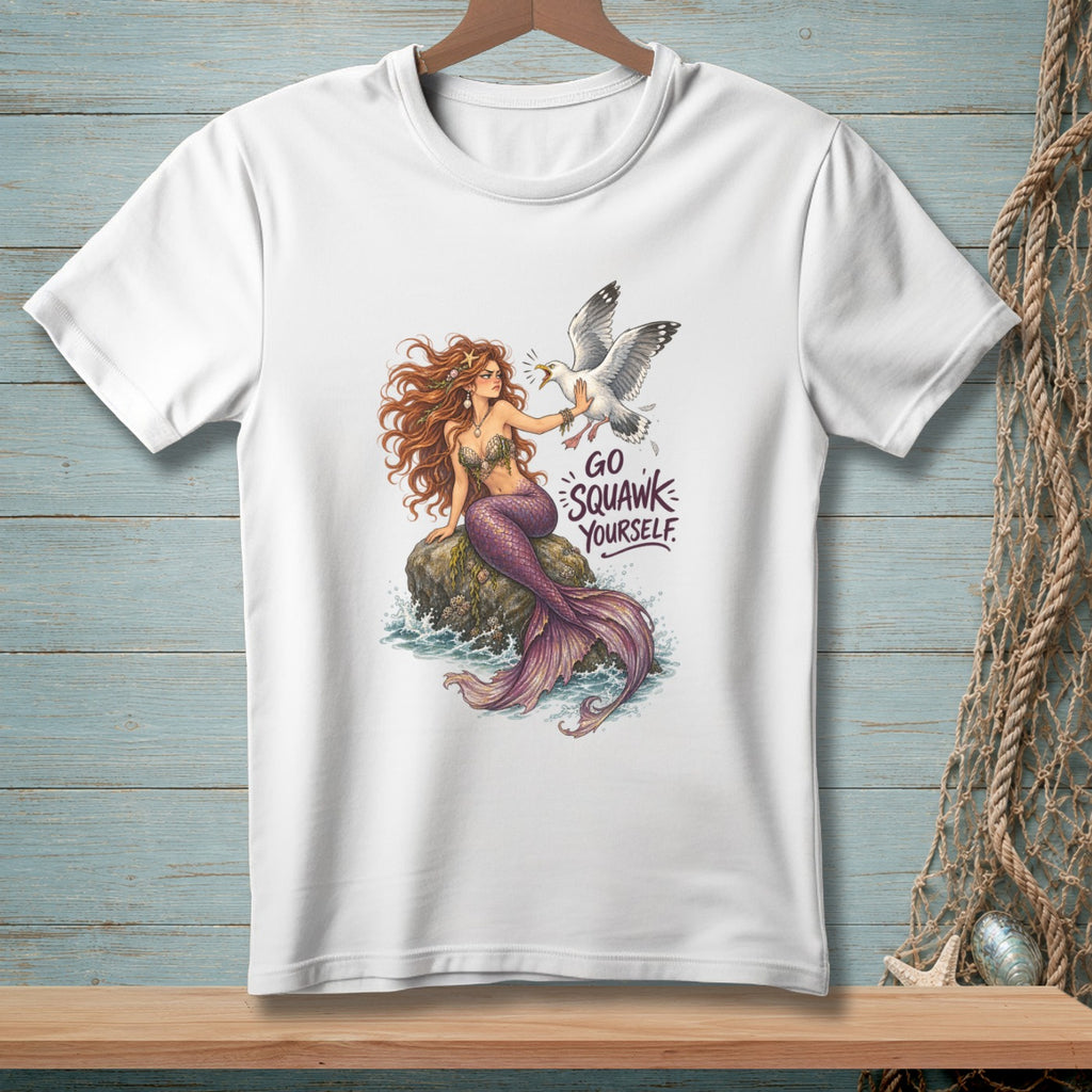 Mermaid sitting on a rock pushing a seagull away, text "Go Squawk Yourself."