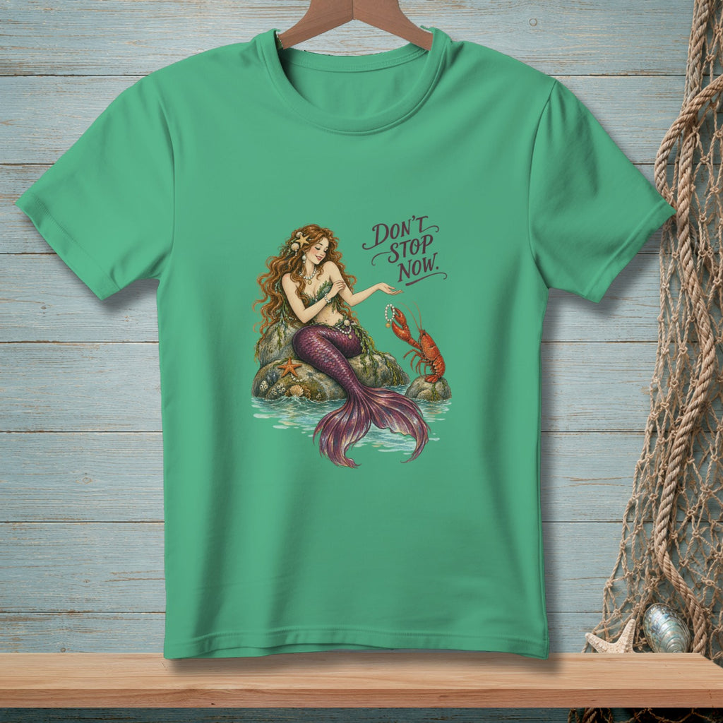 Mermaid sitting on rocks with a lobster and text "Don't Stop Now."