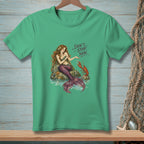 Mermaid sitting on rocks with a lobster and text "Don't Stop Now."