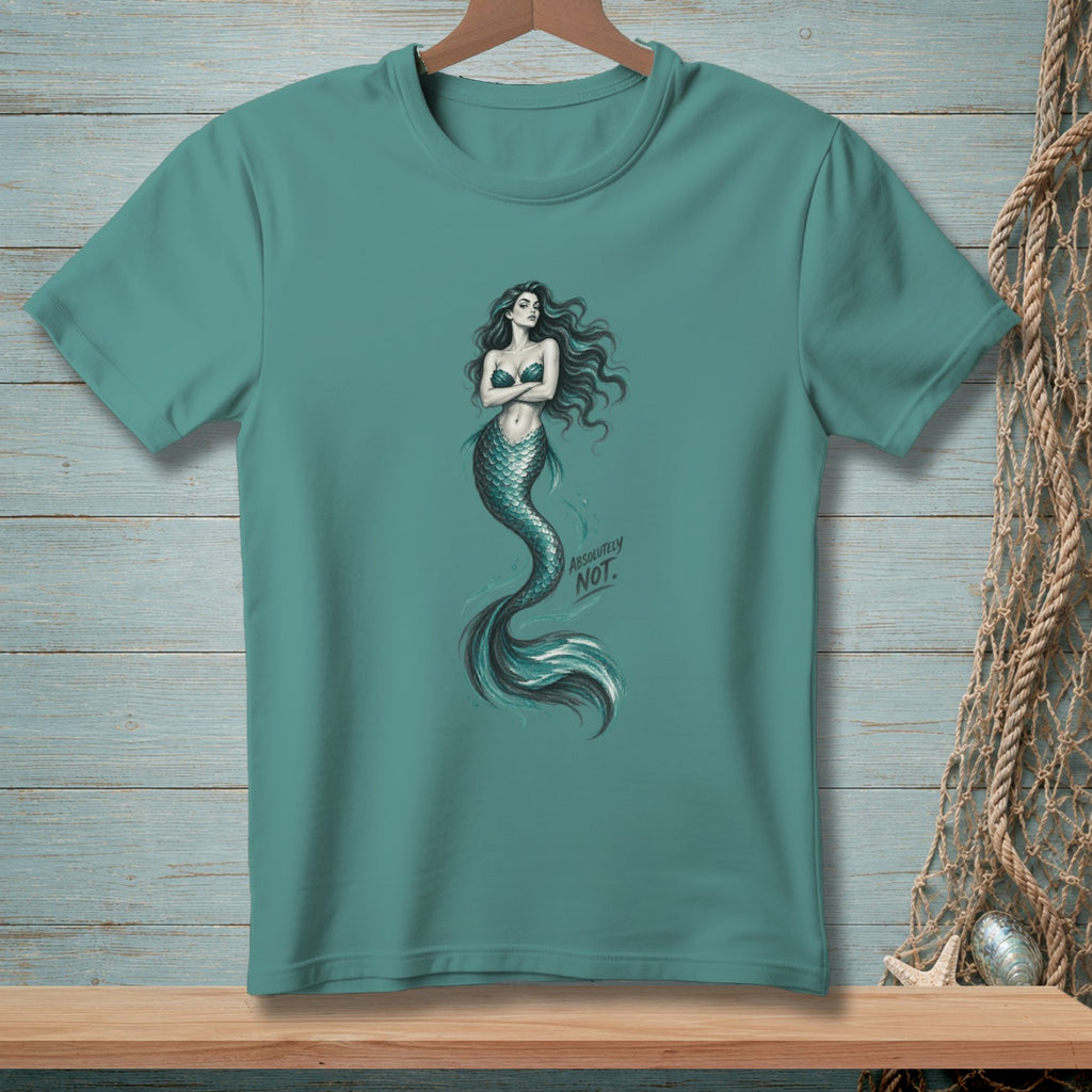 Teal t-shirt with a mermaid graphic and the text "ABSOLUTELY NOT."