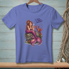 Mermaid with lobster on rock, holding glass, text "Is there a short version?".