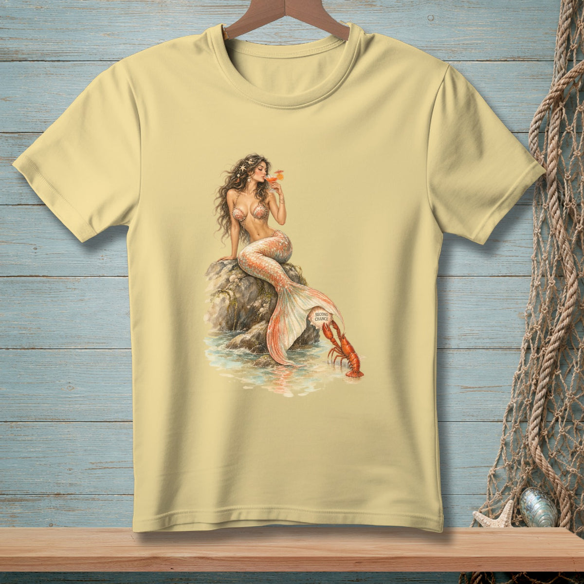 Mermaid on a rock drinking from a glass with a lobster near her tail.