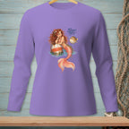 Lavender long-sleeve shirt with a mermaid and pufferfish graphic.