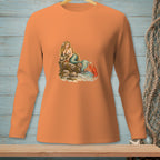 Mermaid with wine and lobster on rocks, wearing orange long-sleeve shirt.