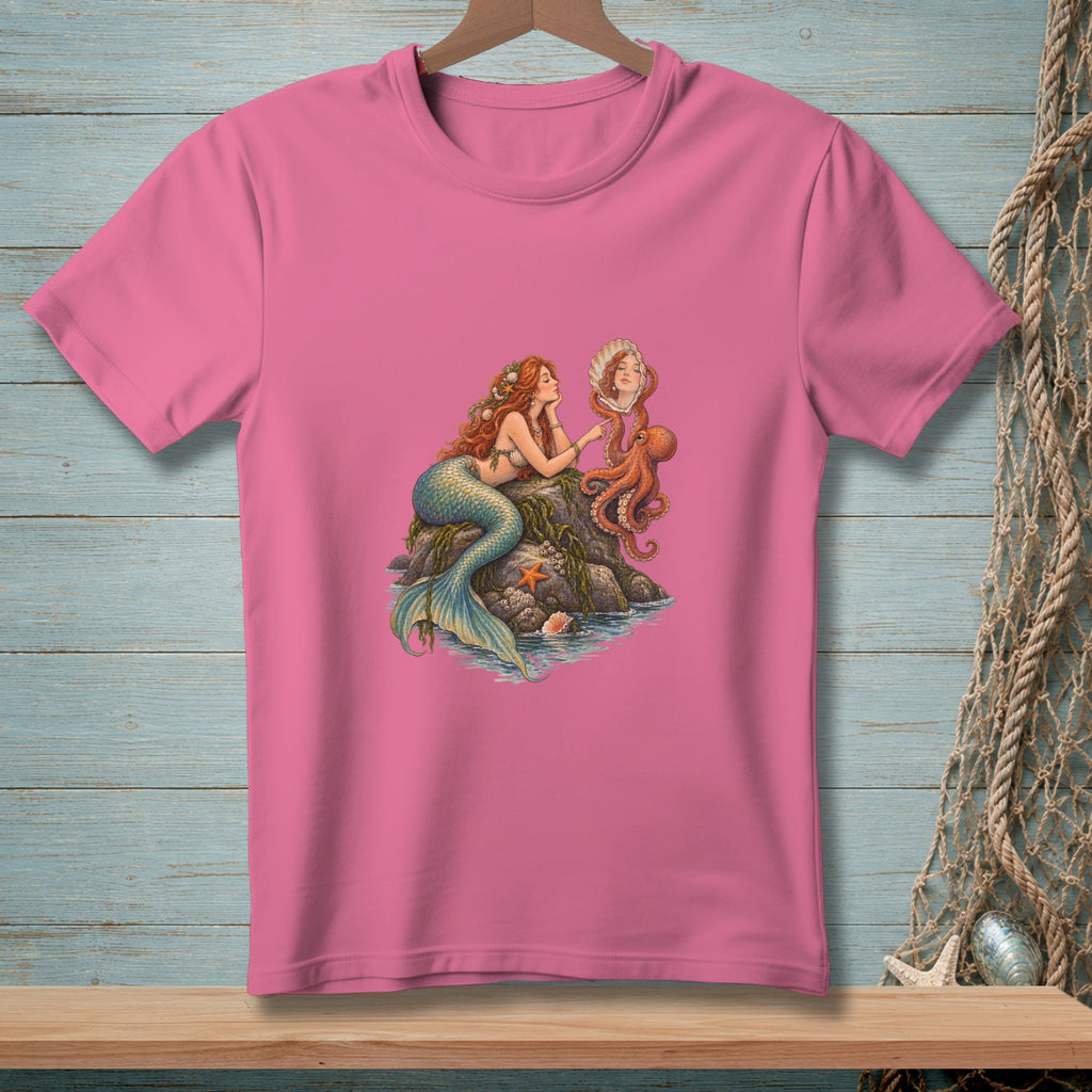 Pink t-shirt with mermaid and octopus artwork showing a mermaid looking in a seashell mirror.