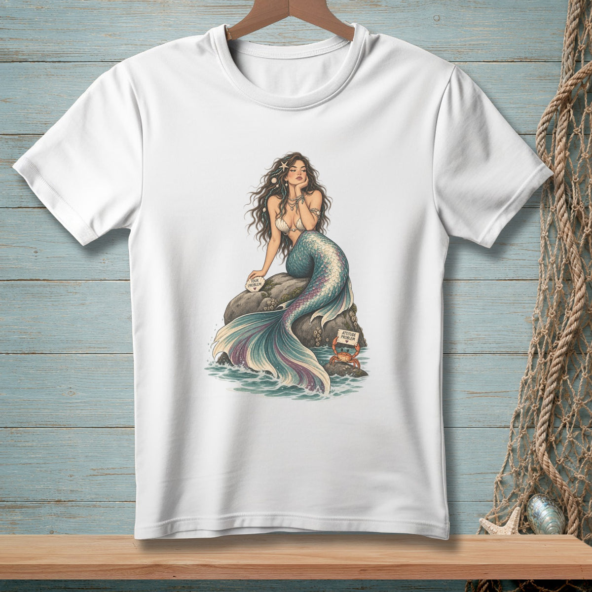 White t-shirt with mermaid sitting on a rock with a crab and signs.
