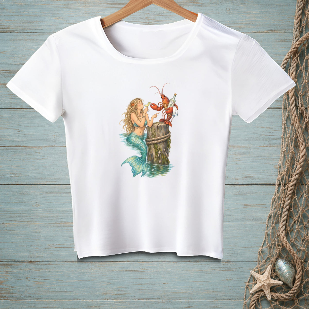 Mermaid and lobster toasting with drinks on a weathered post.