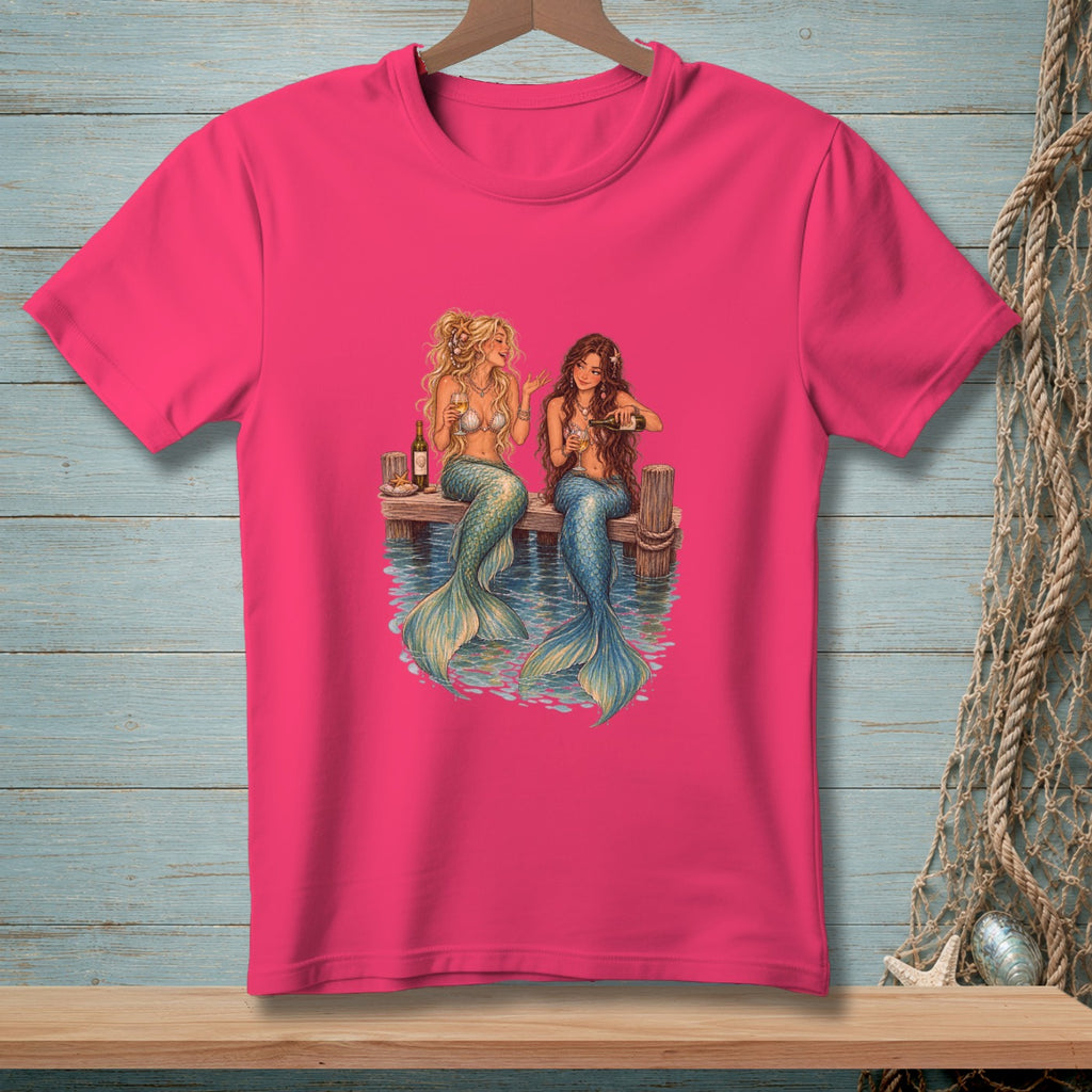 Two mermaids with colorful tails sit on a dock, drinking wine.