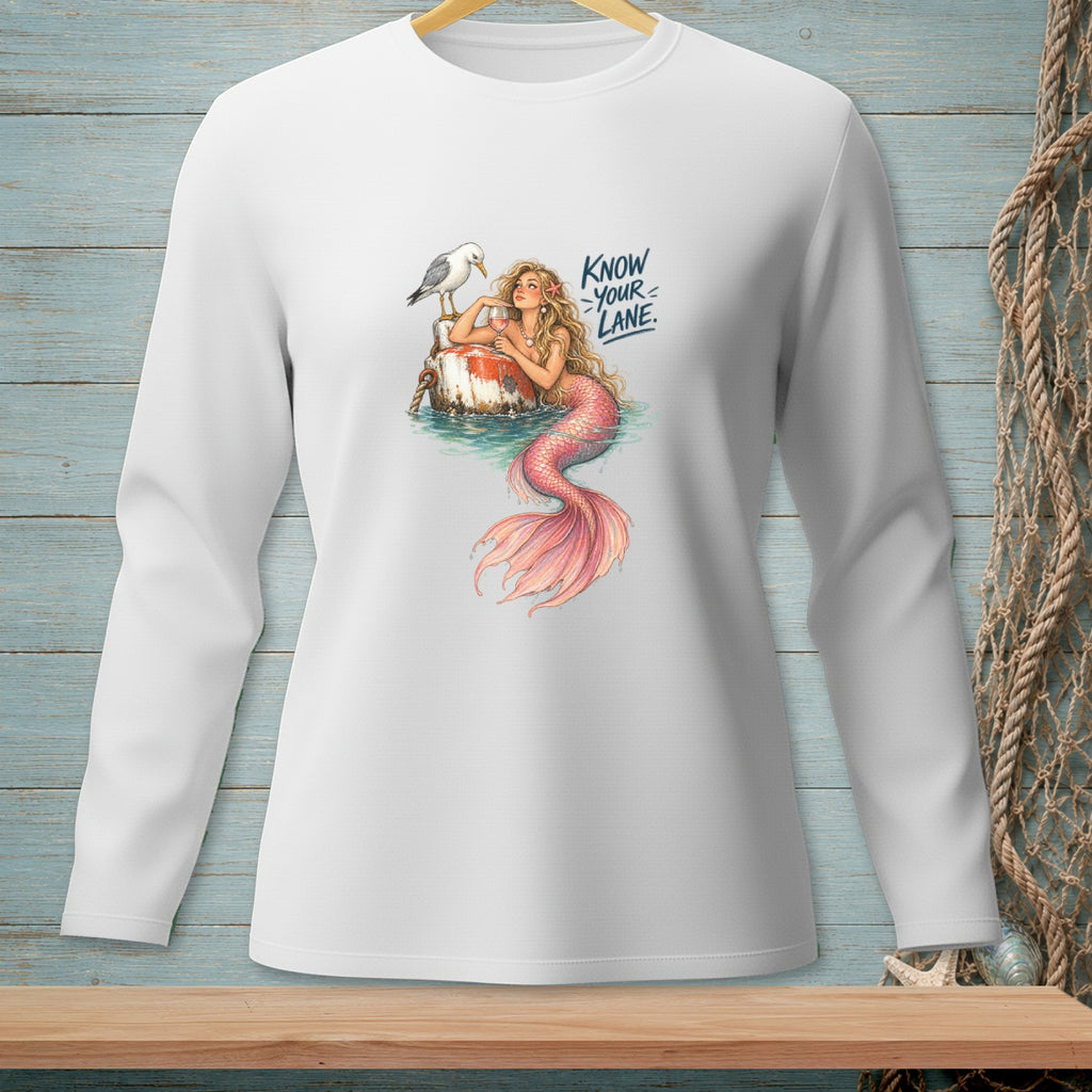 White long-sleeve shirt with mermaid, seagull, buoy, and text "KNOW YOUR LANE".
