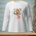 White long-sleeve shirt with mermaid, seagull, buoy, and text "KNOW YOUR LANE".