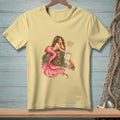 Yellow t-shirt with mermaid, crab, and "THERE. BETTER." text.