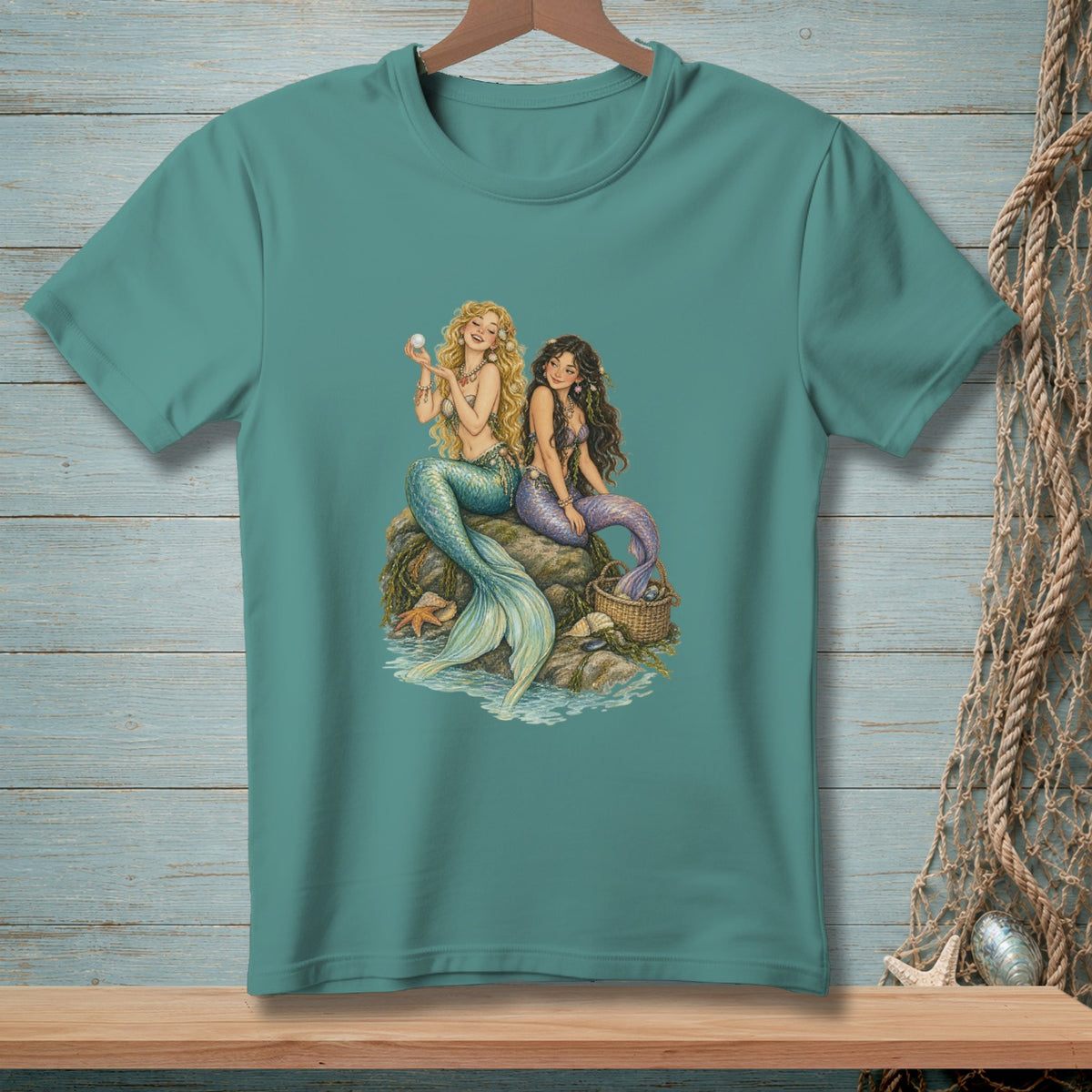 Two mermaids sitting on rocks by the water, one holding a pearl.