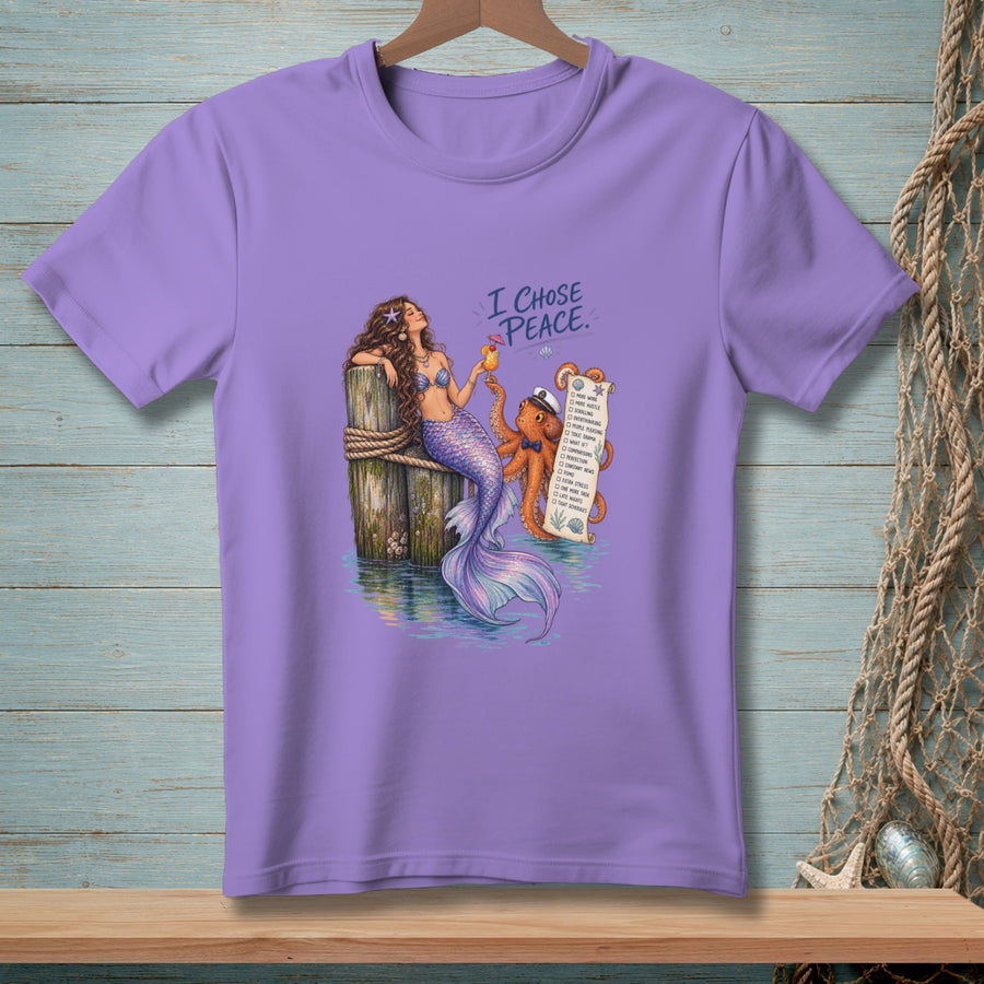 Mermaid and octopus enjoying drinks, with text "I CHOSE PEACE" and a crossed-out to-do list.